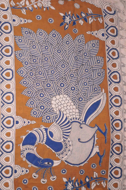 Brown Kalamkari Pure Cotton Royal Dance Faces Peacock Pallu Saree