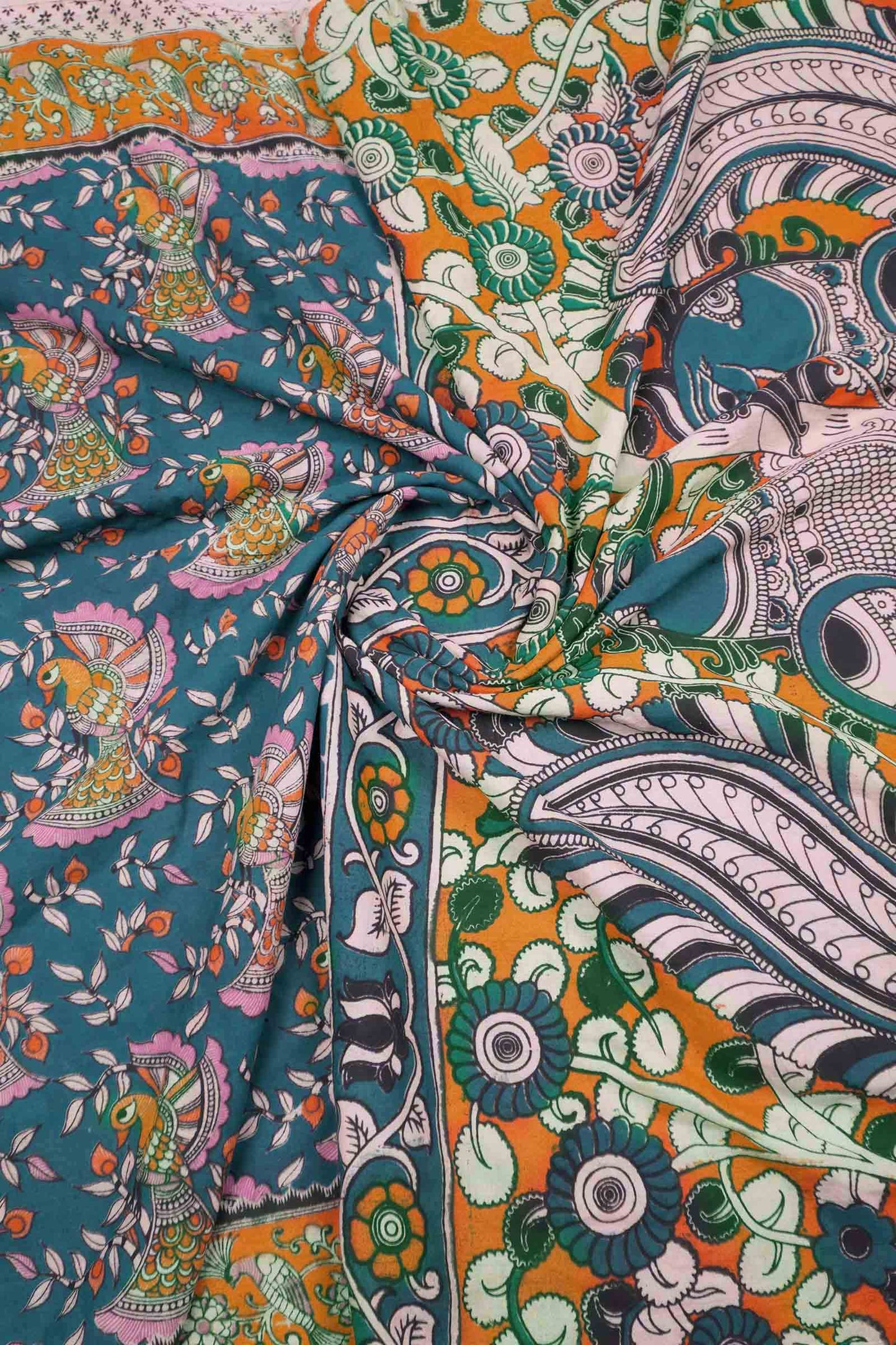 Blue Kalamkari Pure Cotton Floral Dancing Peacock Saree