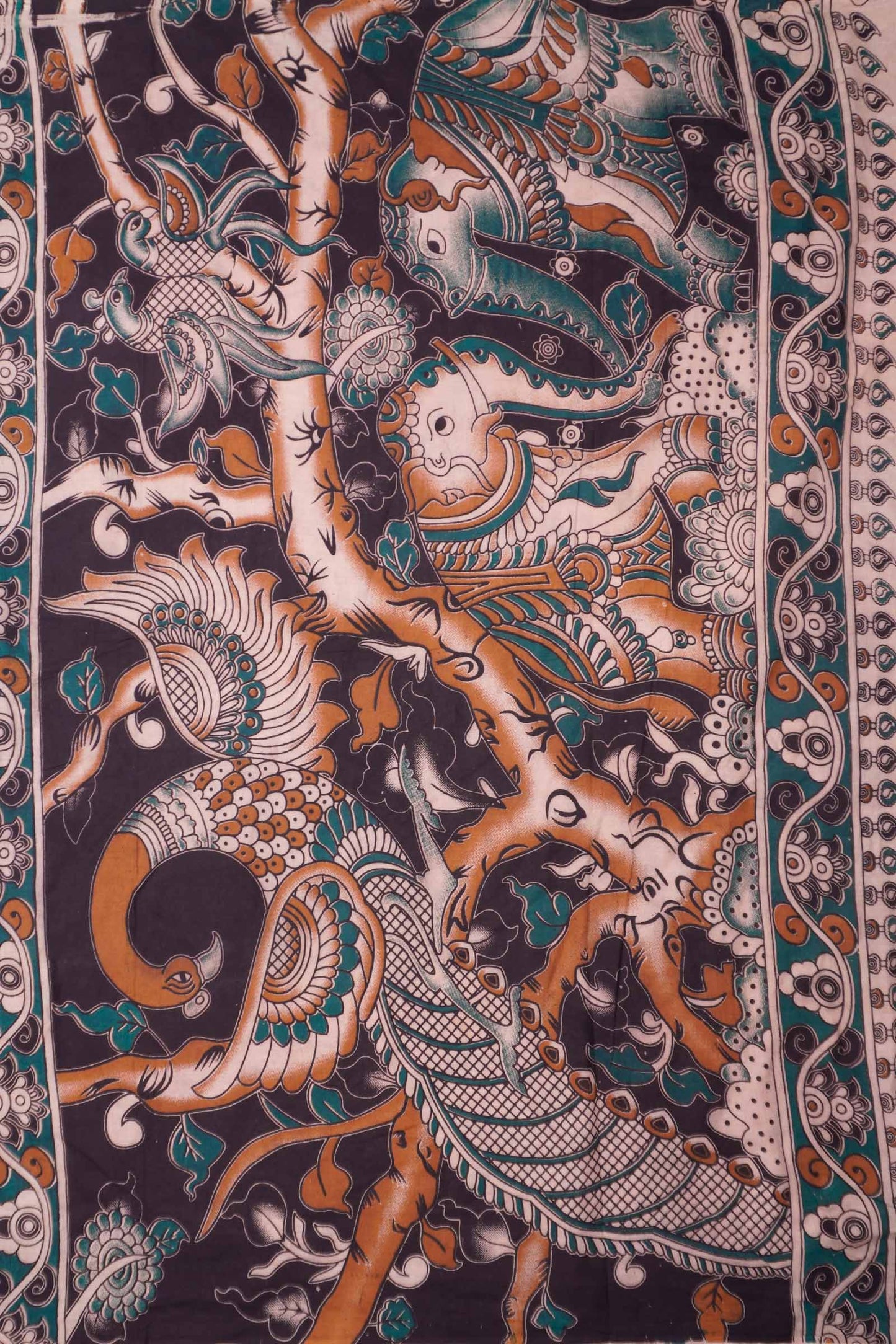 Green Kalamkari Pure Cotton Bird Garden Peacock Pallu Saree