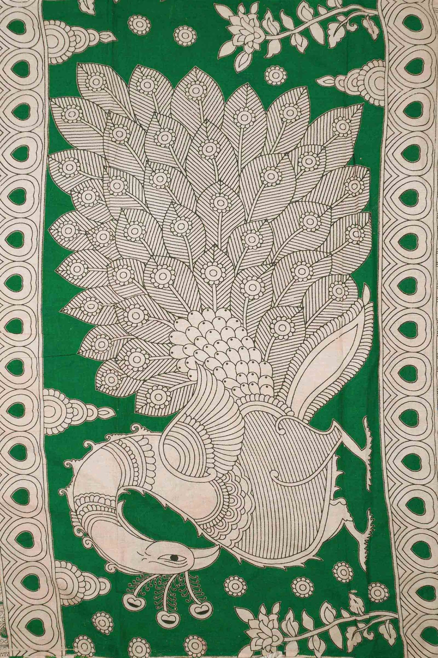 Green Kalamkari Pure Cotton Kalamkari Florals Peacock Pallu Saree