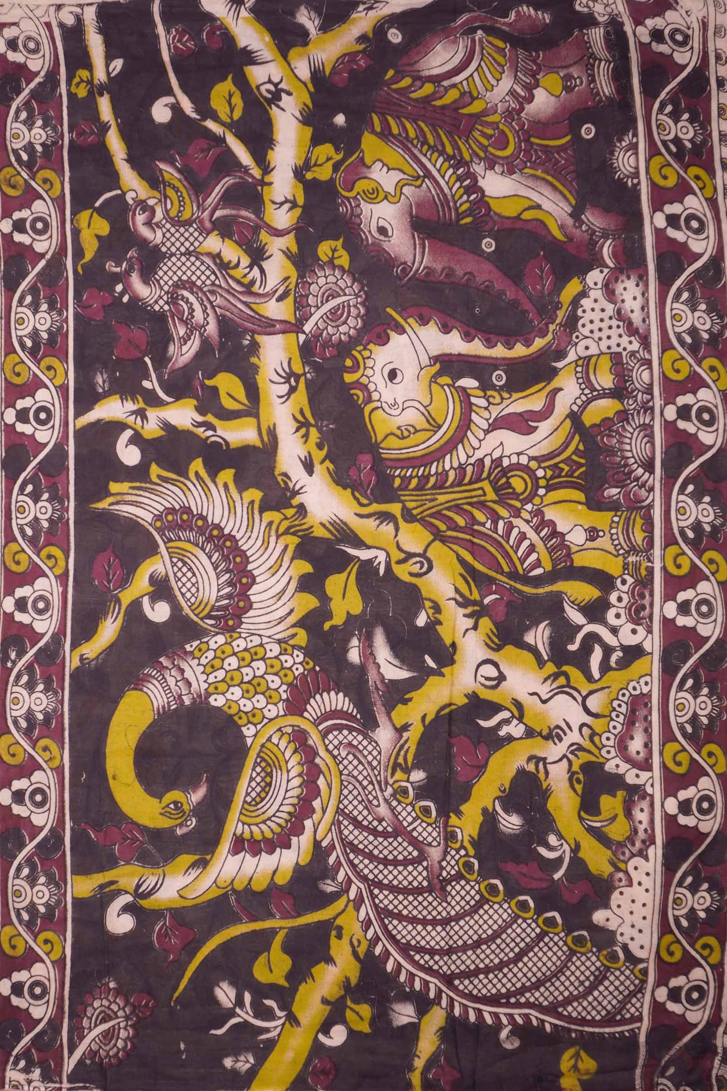 Lime Green Kalamkari Pure Cotton Floral Peacock Border Pallu Saree