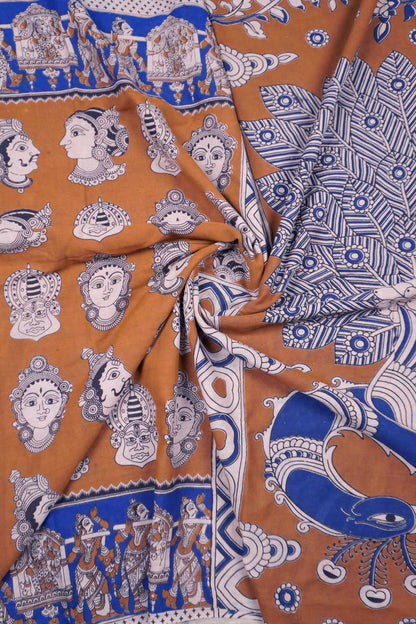 Brown Kalamkari Pure Cotton Royal Dance Faces Peacock Pallu Saree