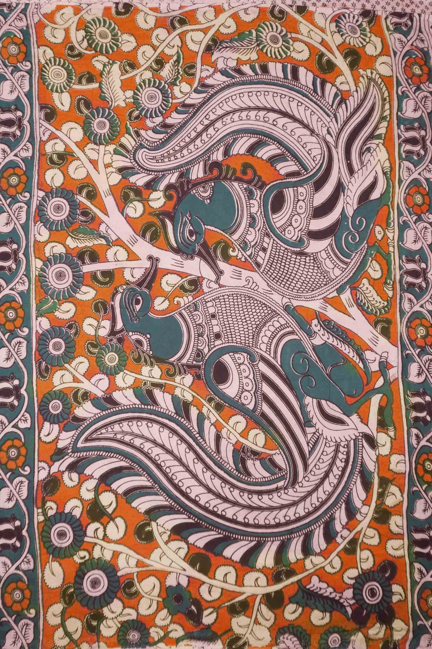 Blue Kalamkari Pure Cotton Floral Dancing Peacock Saree