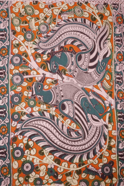 Blue Kalamkari Pure Cotton Floral Dancing Peacock Saree