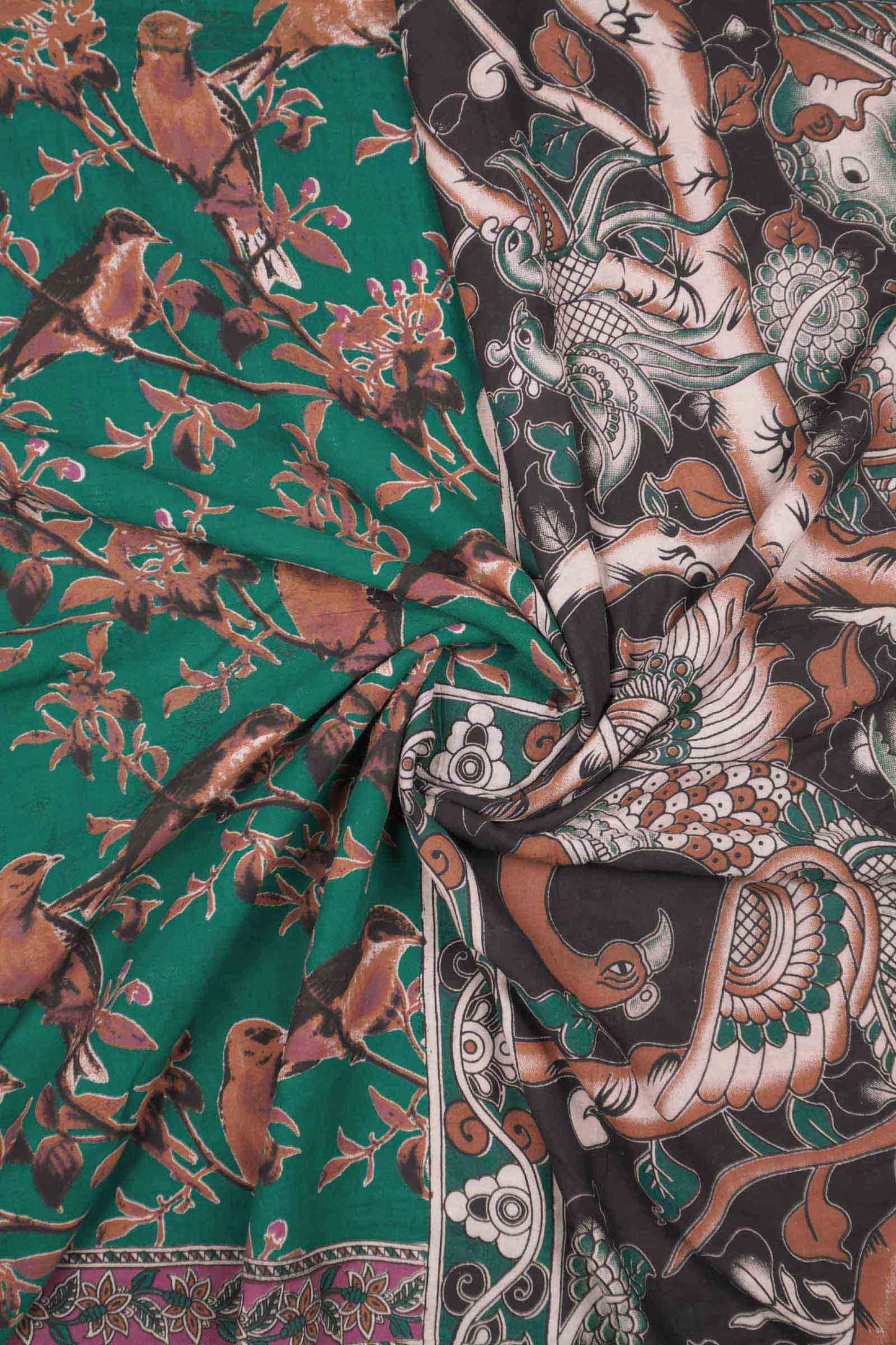Green Kalamkari Pure Cotton Bird Garden Peacock Pallu Saree