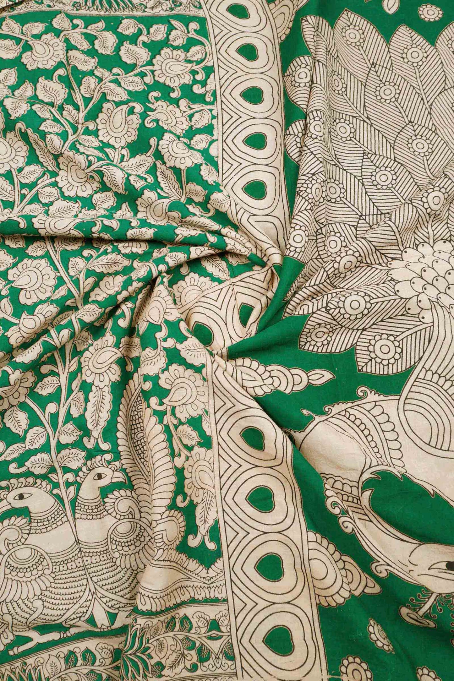 Green Kalamkari Pure Cotton Kalamkari Florals Peacock Pallu Saree