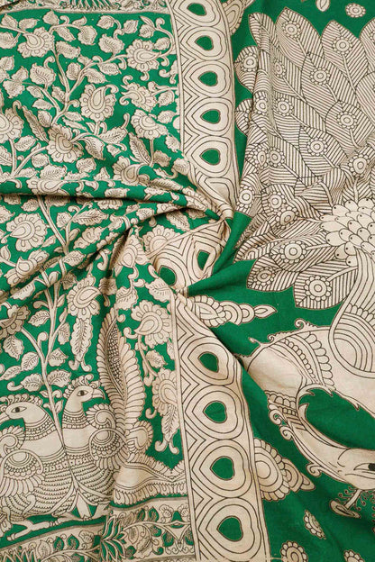 Green Kalamkari Pure Cotton Kalamkari Florals Peacock Pallu Saree