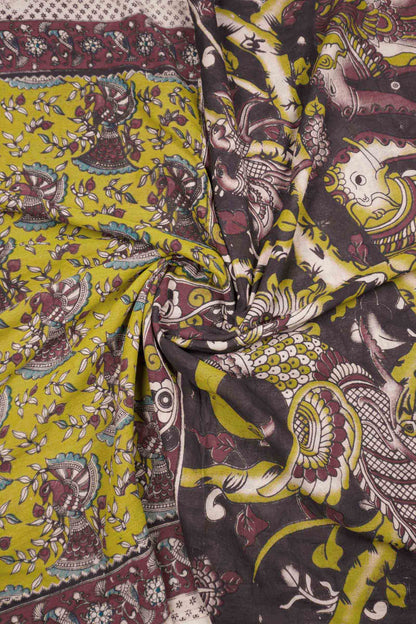 Lime Green Kalamkari Pure Cotton Floral Peacock Border Pallu Saree
