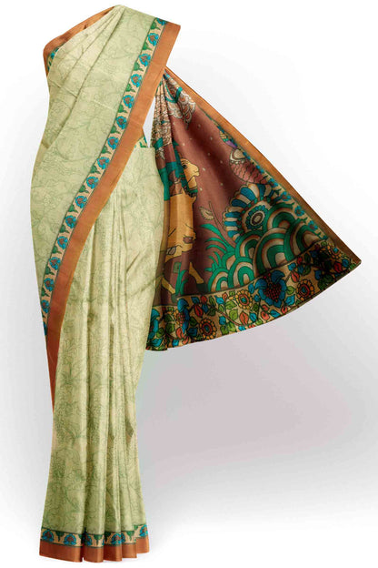 Light Green Semi Chanderi Cotton Vrindhavan Print Pallu Saree