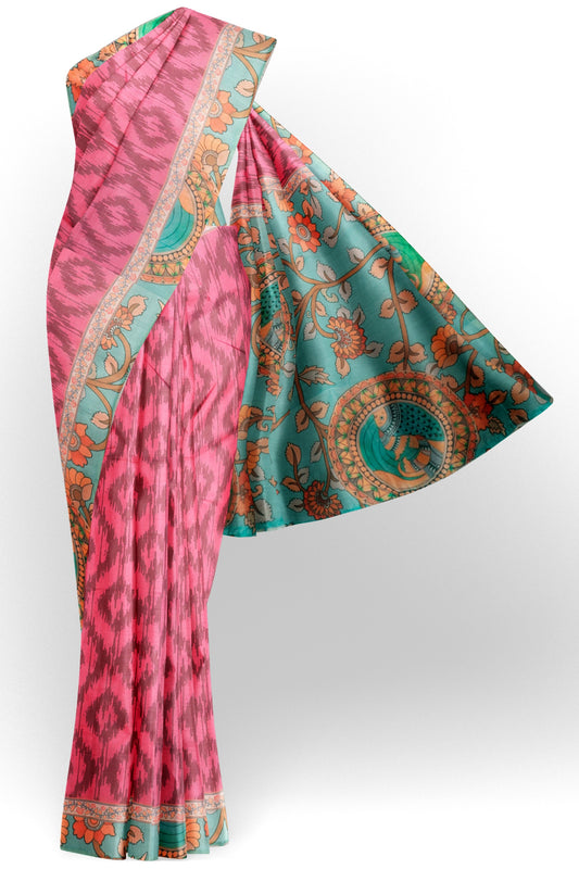 Pink Semi Chanderi Cotton Ikkat Style Print Saree