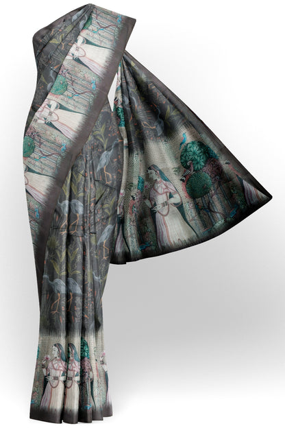 Dark Grey Green Semi Chanderi Cotton Crane Lane Saree