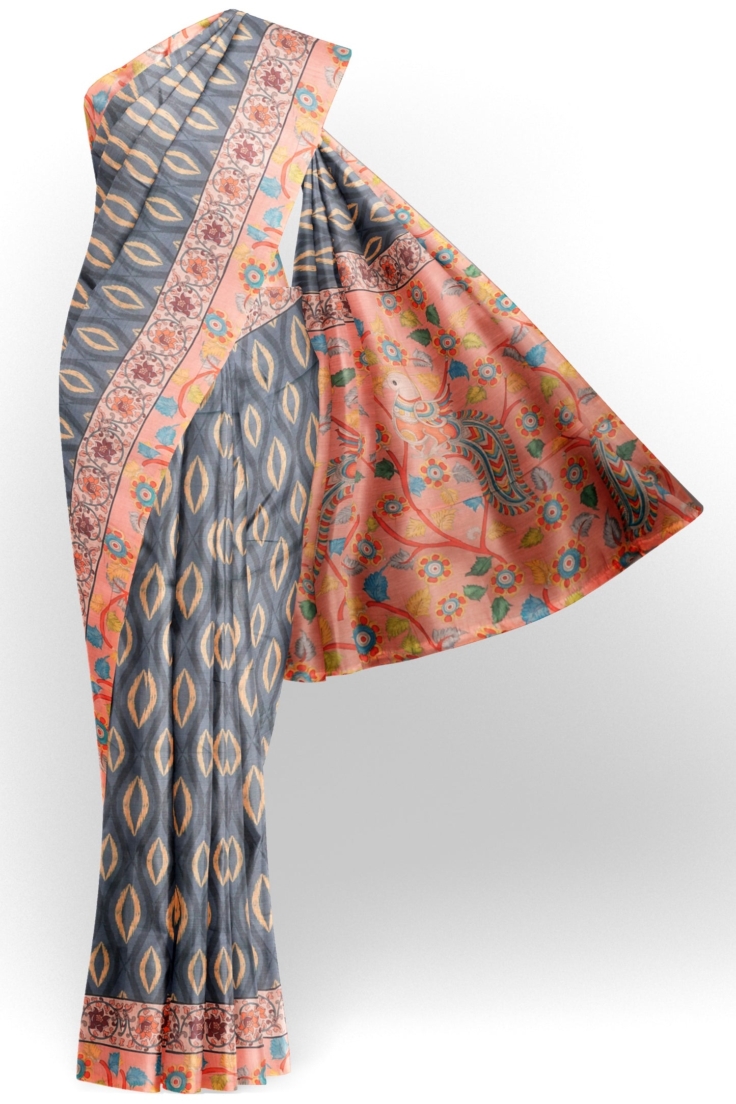 Grey  Semi Chanderi Cotton Kalamkari Style Pallu Saree