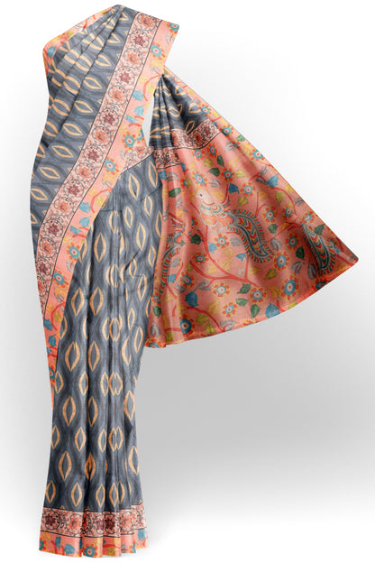 Grey  Semi Chanderi Cotton Kalamkari Style Pallu Saree