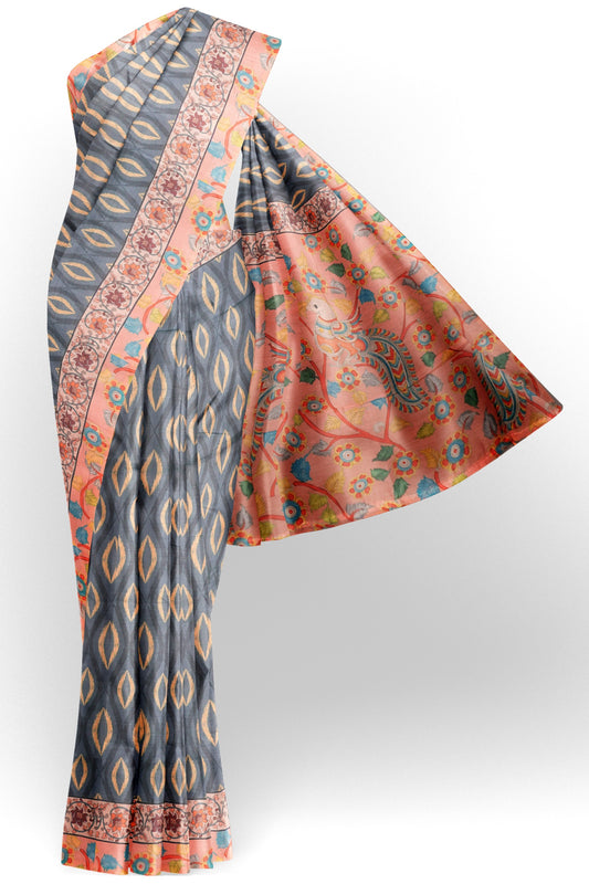 Grey  Semi Chanderi Cotton Kalamkari Style Pallu Saree