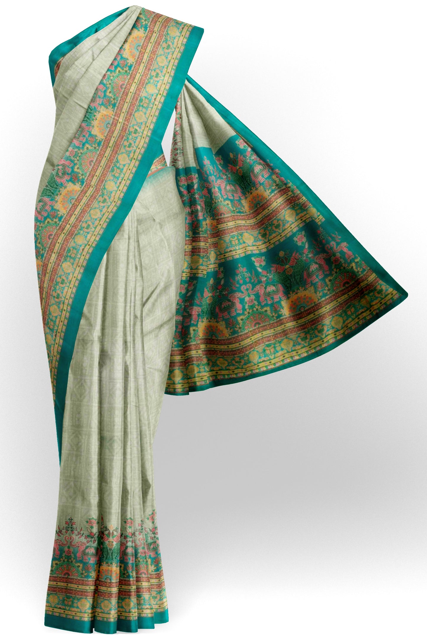 Light Green Semi Chanderi Cotton Tusker World Print Saree
