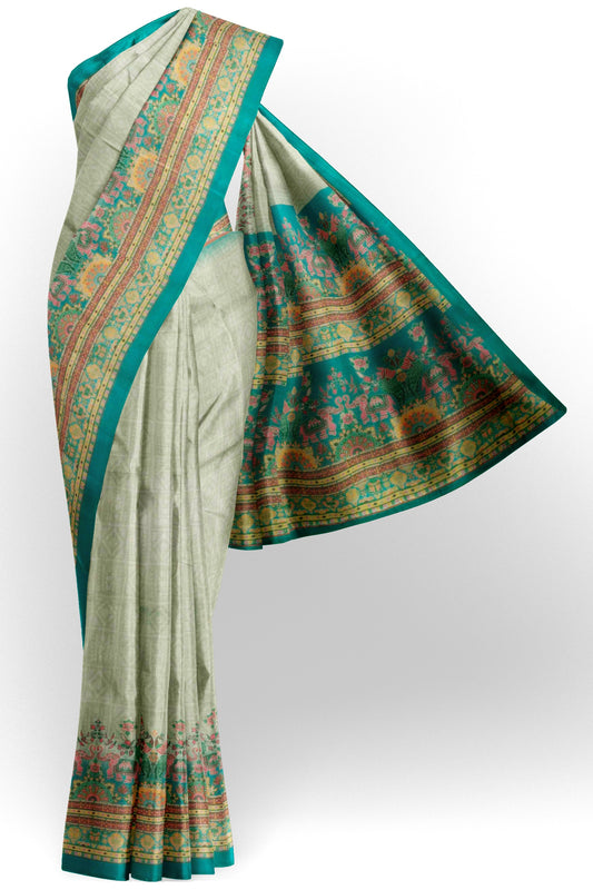 Light Green Semi Chanderi Cotton Tusker World Print Saree