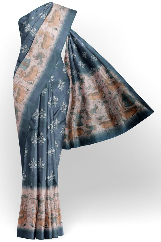 Grey Semi Chanderi Cotton Golden Deer Print Saree