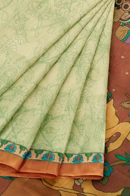 Light Green Semi Chanderi Cotton Vrindhavan Print Pallu Saree