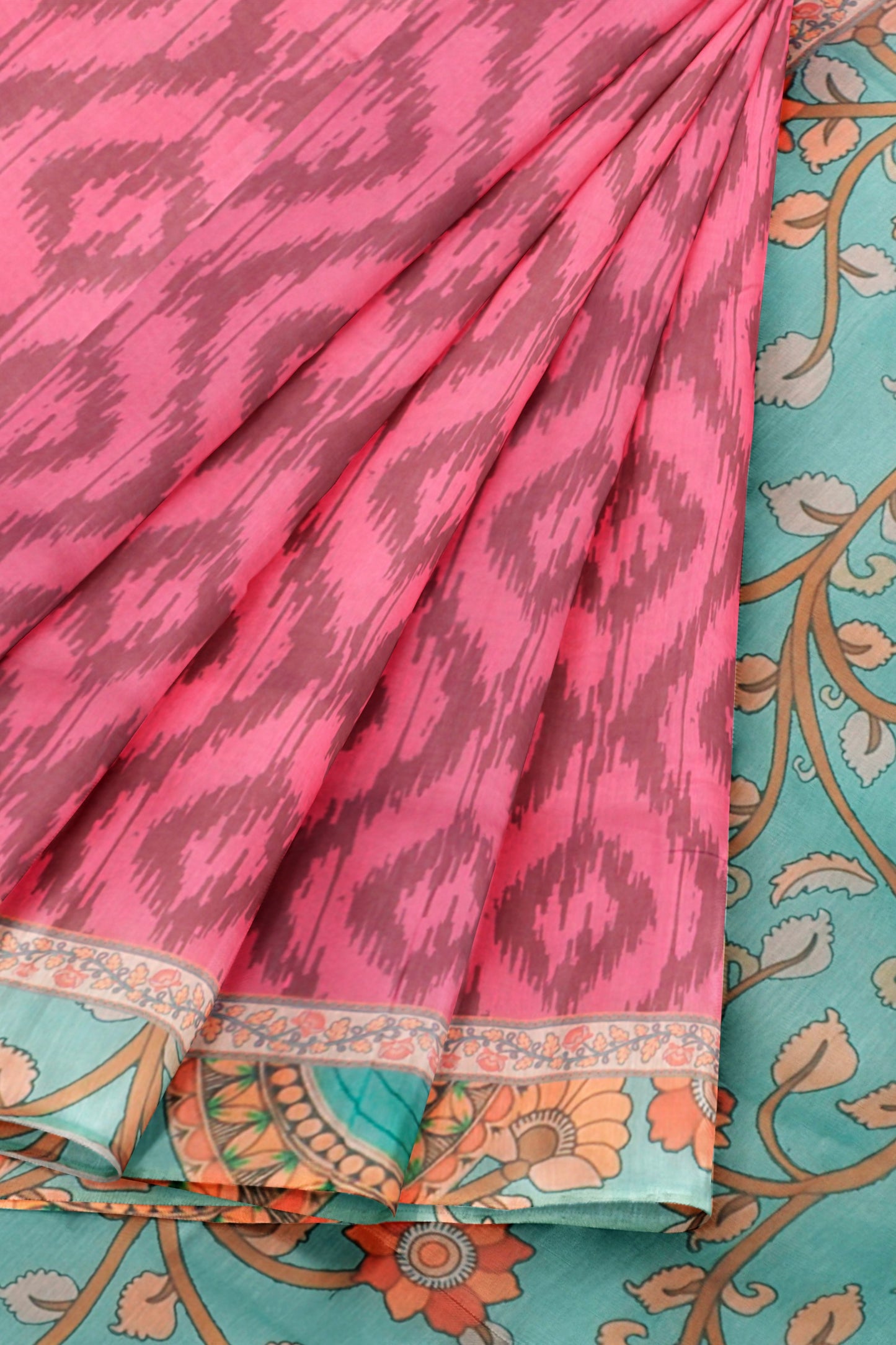 Pink Semi Chanderi Cotton Ikkat Style Print Saree