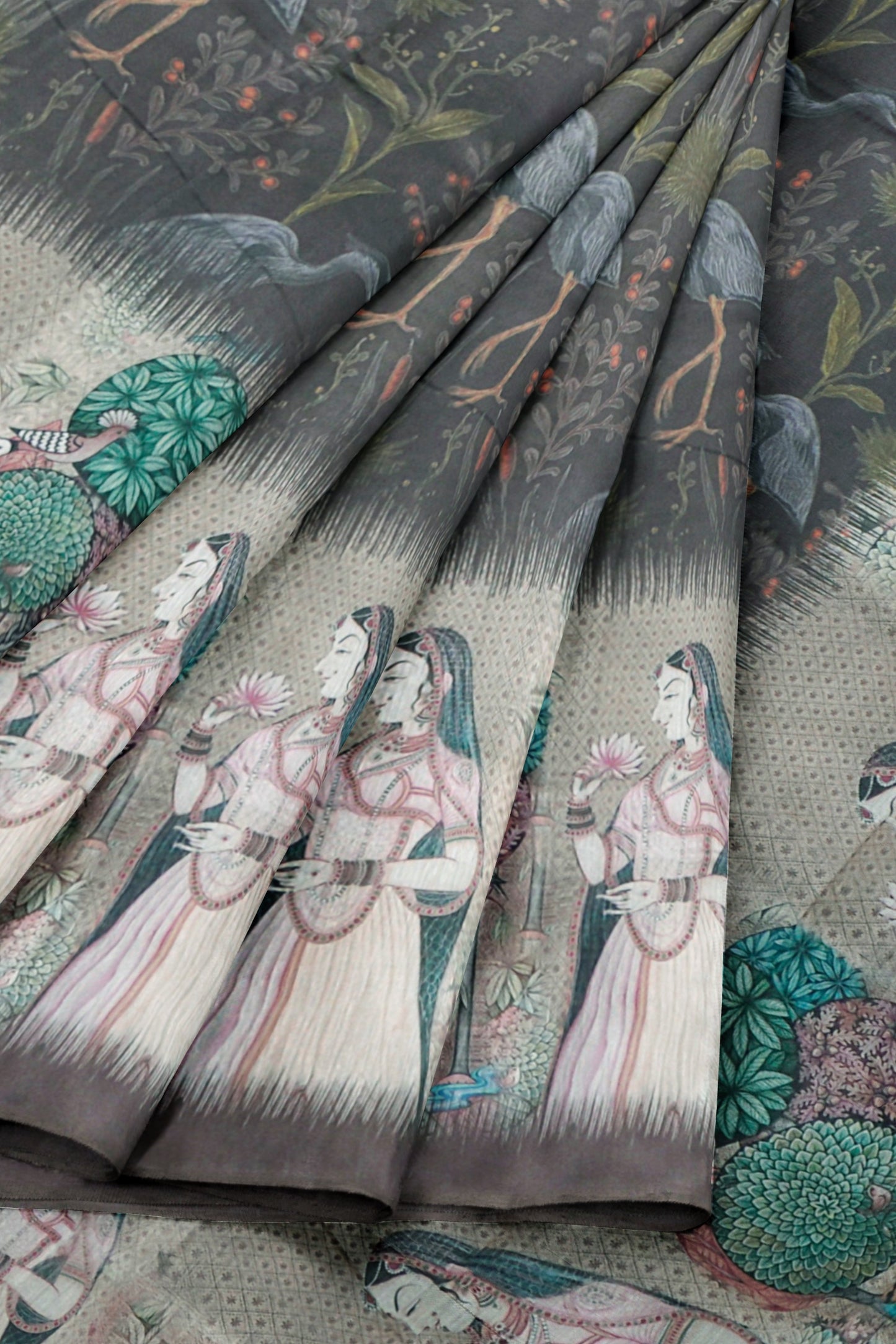 Dark Grey Green Semi Chanderi Cotton Crane Lane Saree