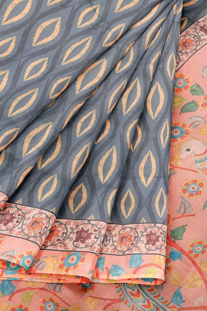 Grey  Semi Chanderi Cotton Kalamkari Style Pallu Saree