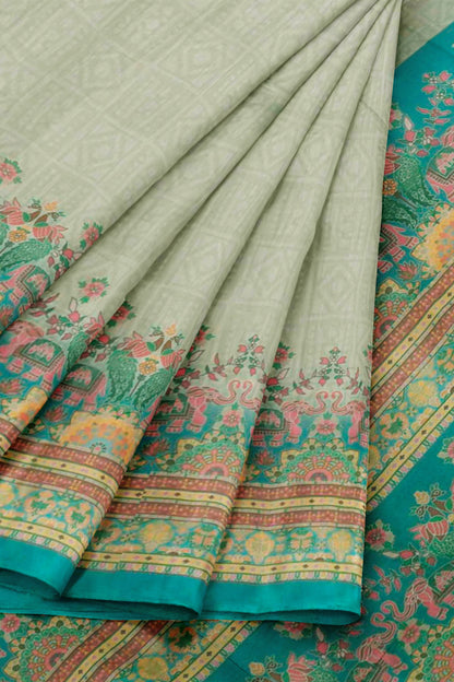 Light Green Semi Chanderi Cotton Tusker World Print Saree