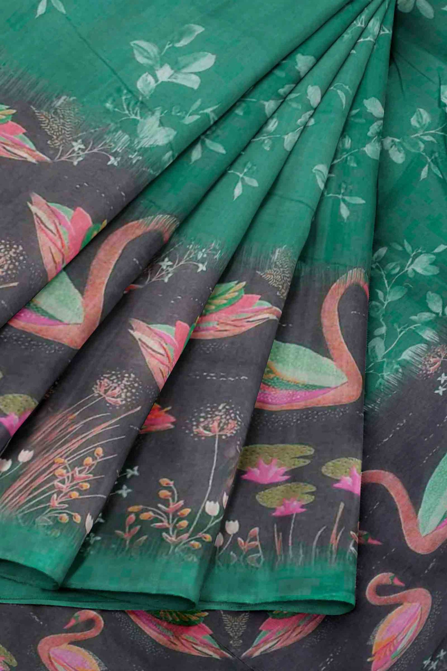 Green Semi Chanderi Cotton Pretty Pond Print Saree