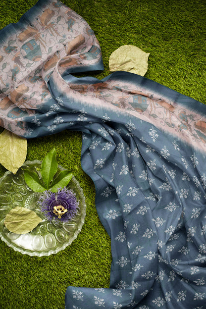 Grey Semi Chanderi Cotton Golden Deer Print Saree