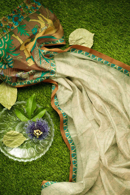 Light Green Semi Chanderi Cotton Vrindhavan Print Pallu Saree