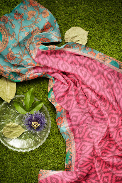Pink Semi Chanderi Cotton Ikkat Style Print Saree
