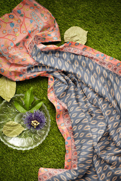 Grey  Semi Chanderi Cotton Kalamkari Style Pallu Saree