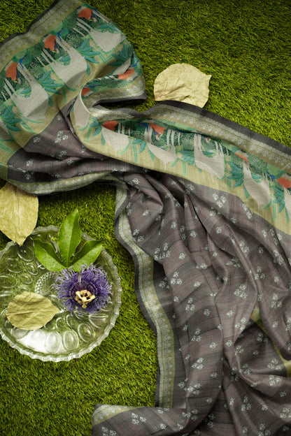 Grey  Semi Chanderi Cotton Taj Domes Print Saree