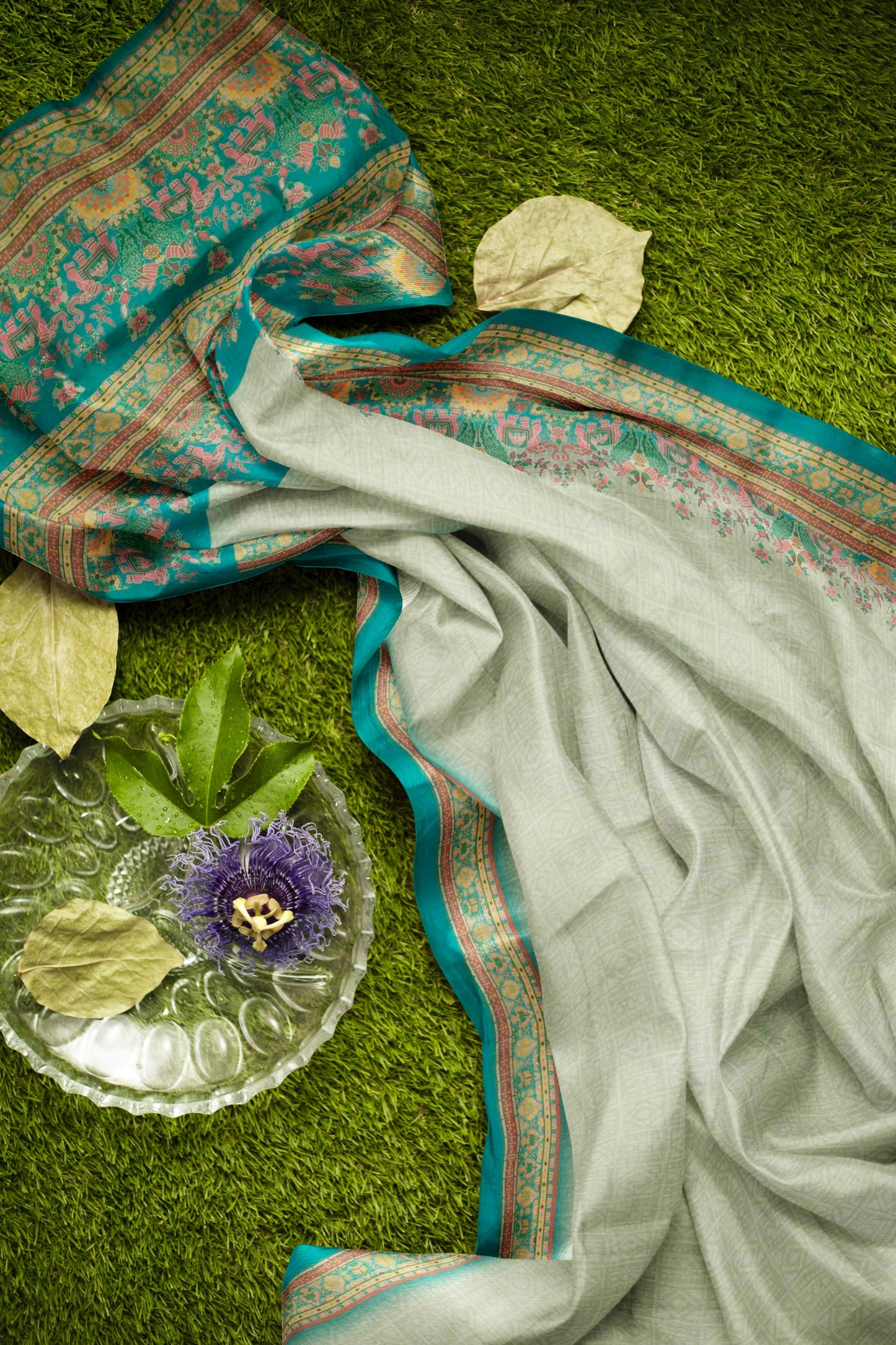 Light Green Semi Chanderi Cotton Tusker World Print Saree