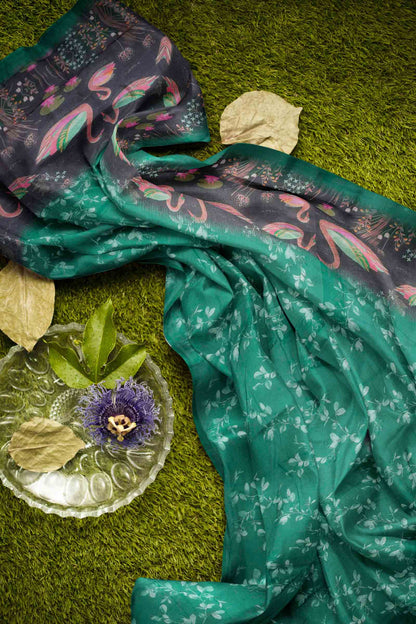 Green Semi Chanderi Cotton Pretty Pond Print Saree