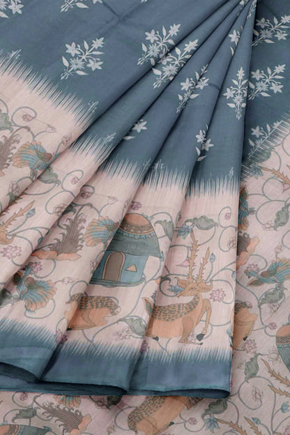 Grey Semi Chanderi Cotton Golden Deer Print Saree