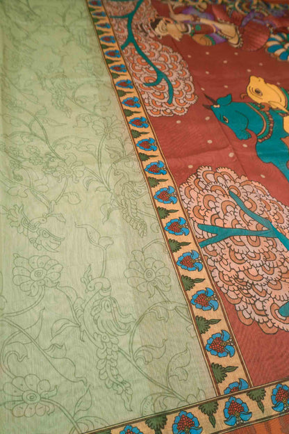 Light Green Semi Chanderi Cotton Vrindhavan Print Pallu Saree