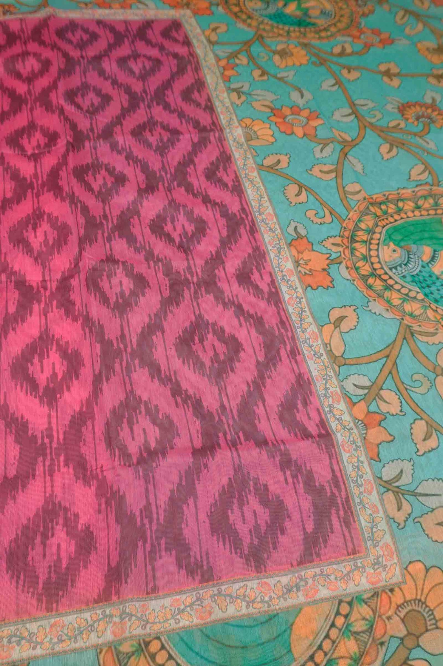 Pink Semi Chanderi Cotton Ikkat Style Print Saree