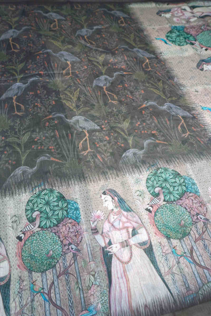 Dark Grey Green Semi Chanderi Cotton Crane Lane Saree