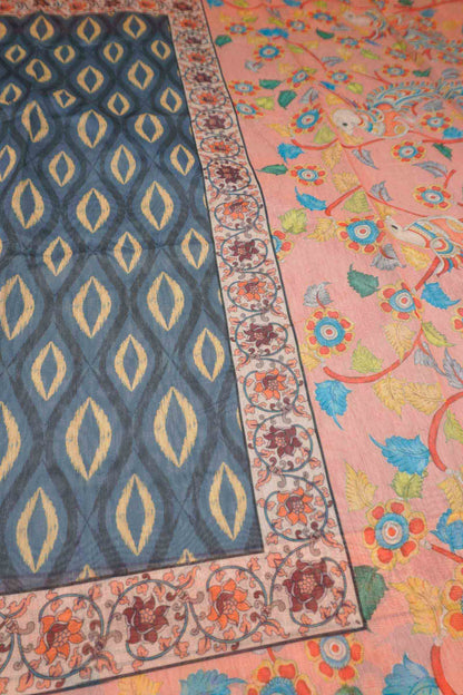 Grey  Semi Chanderi Cotton Kalamkari Style Pallu Saree