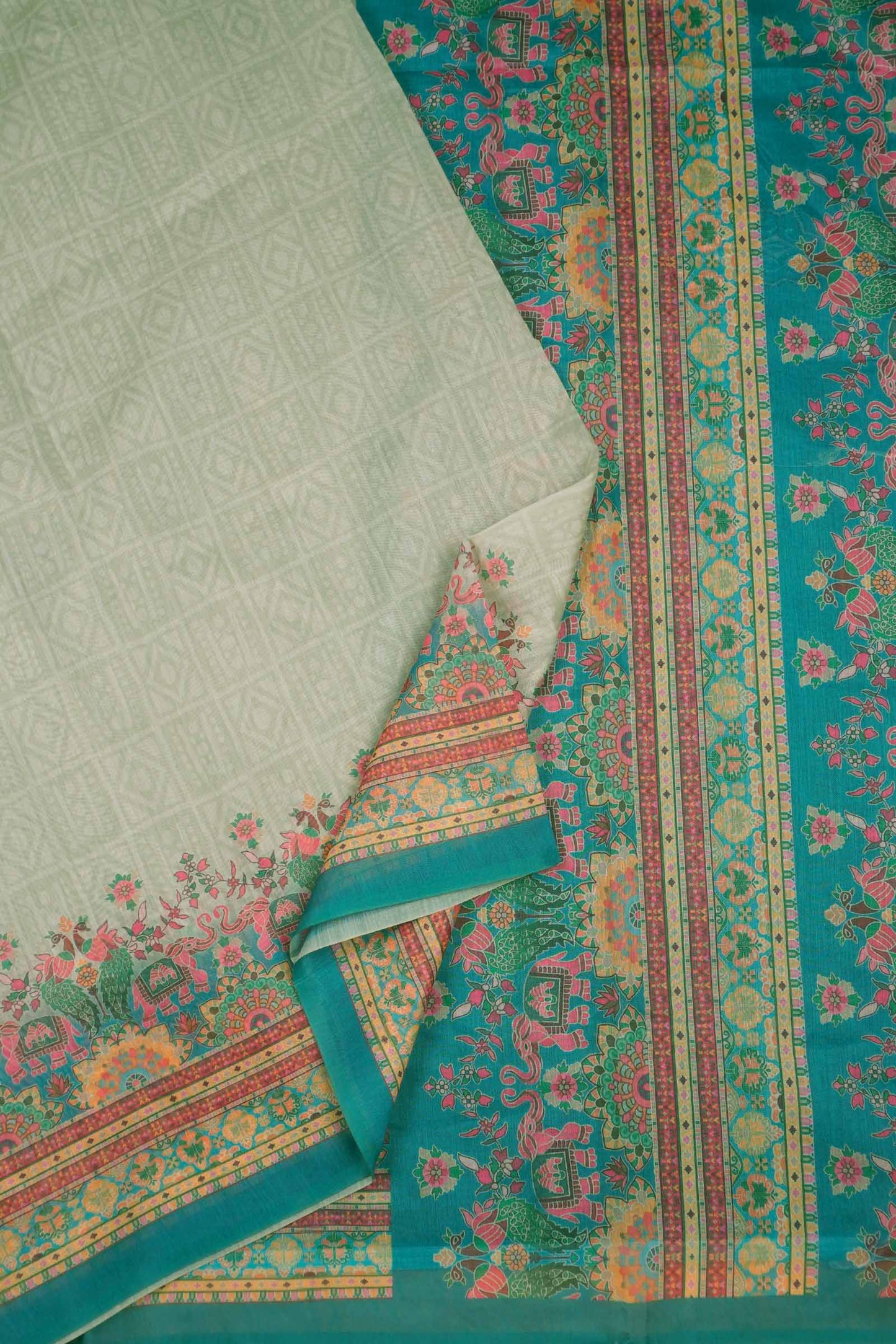 Light Green Semi Chanderi Cotton Tusker World Print Saree