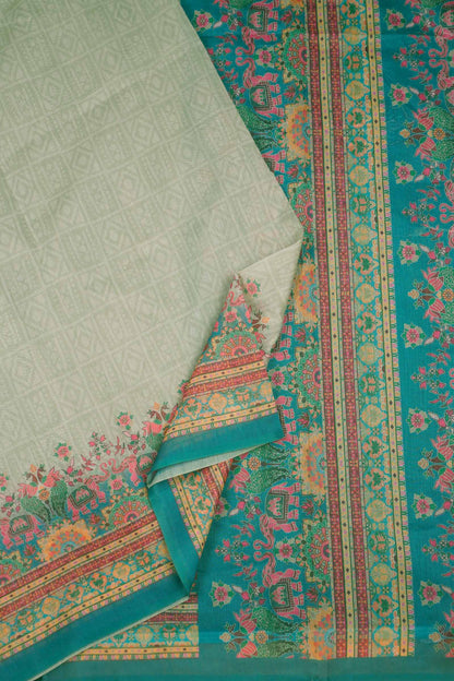 Light Green Semi Chanderi Cotton Tusker World Print Saree