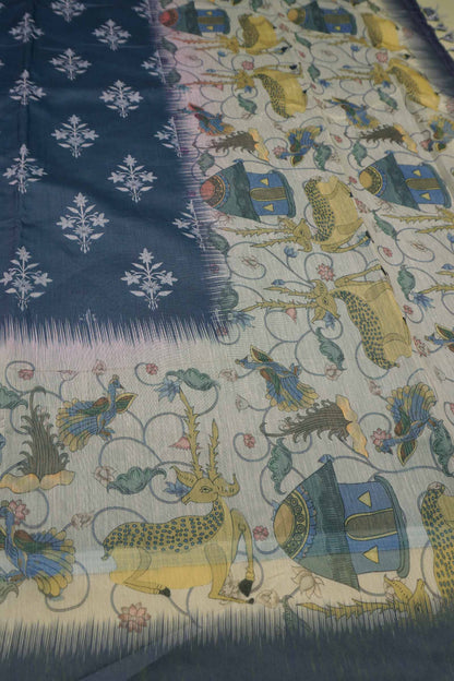 Grey Semi Chanderi Cotton Golden Deer Print Saree