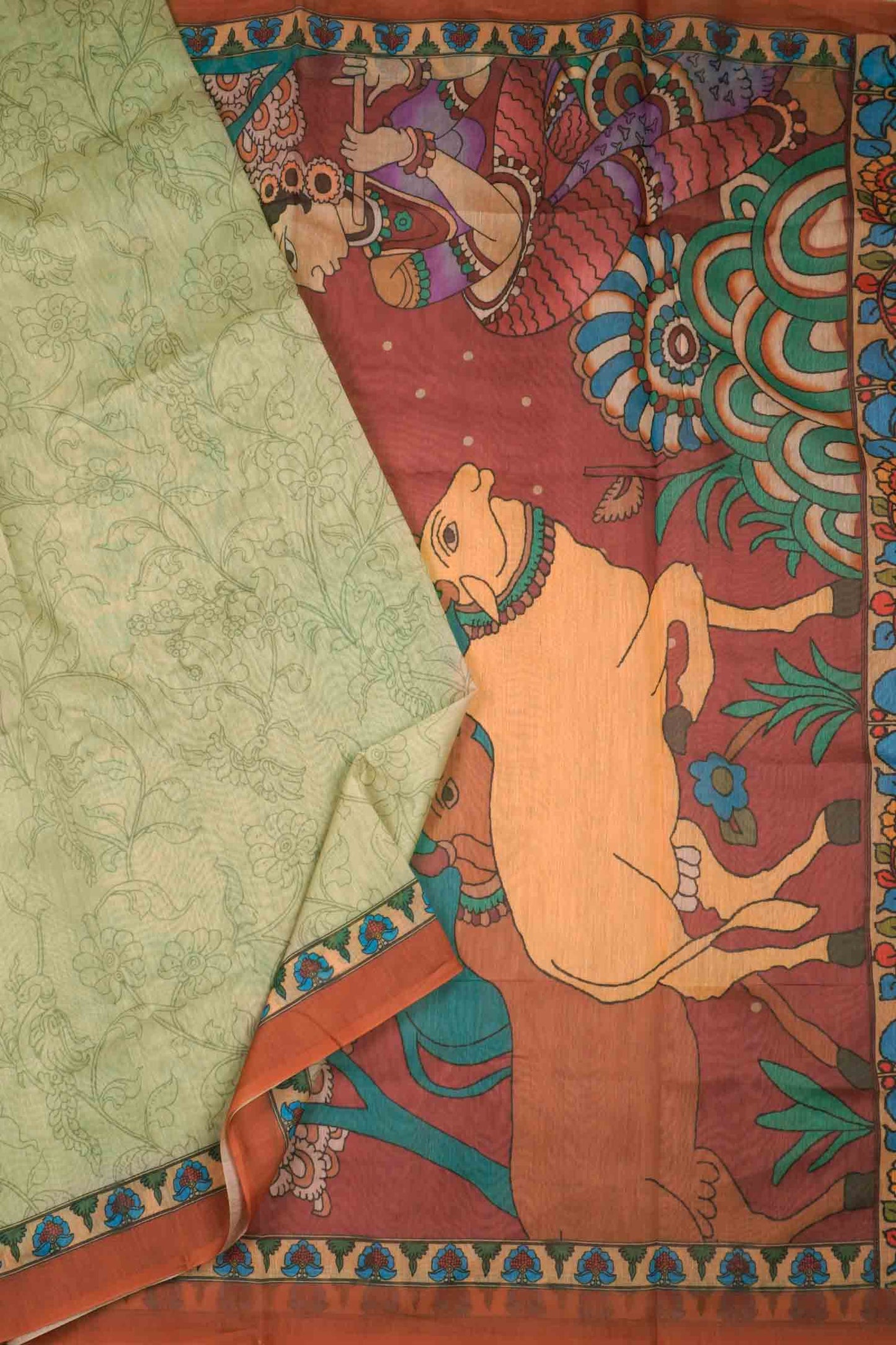 Light Green Semi Chanderi Cotton Vrindhavan Print Pallu Saree