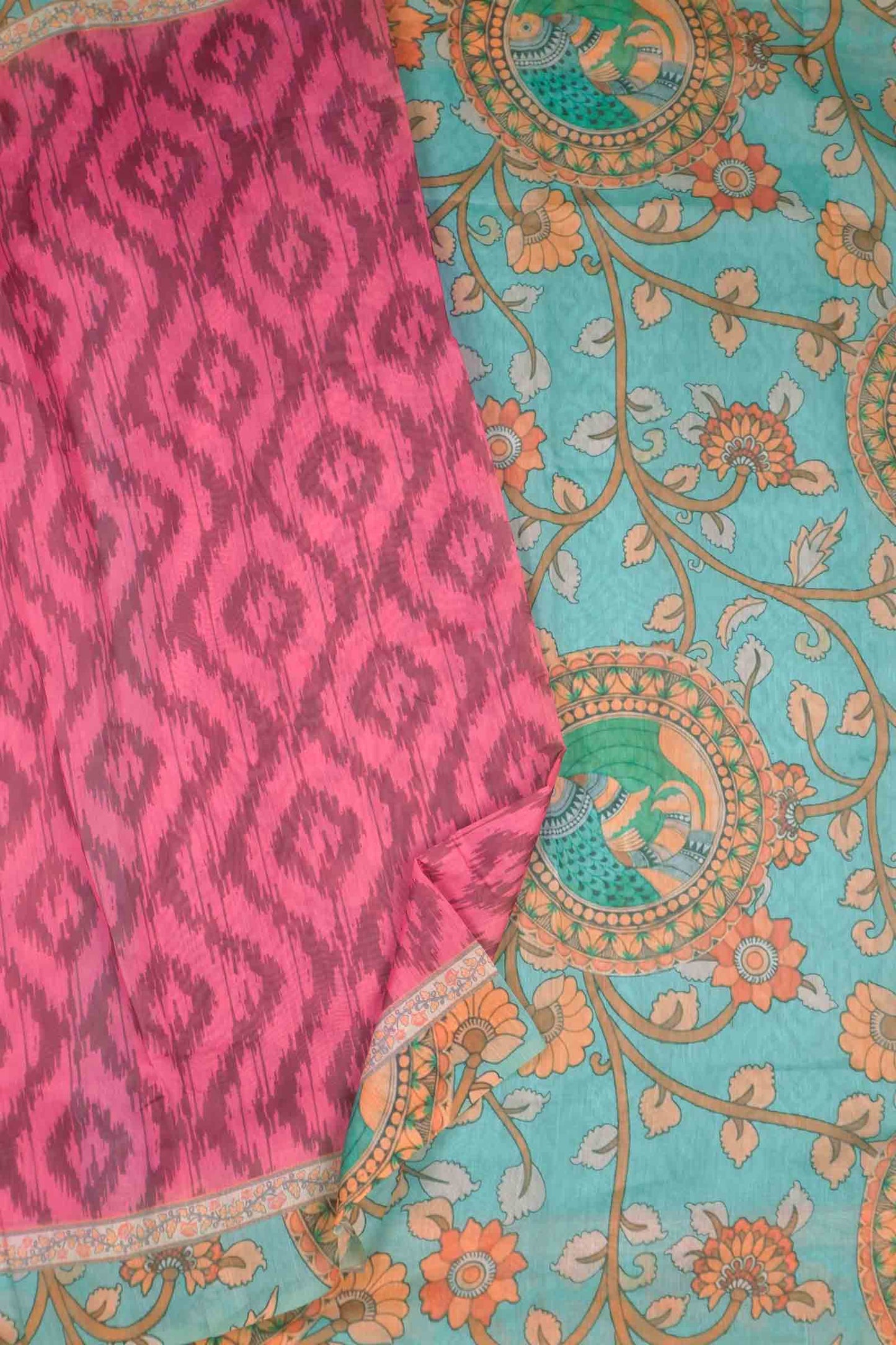 Pink Semi Chanderi Cotton Ikkat Style Print Saree