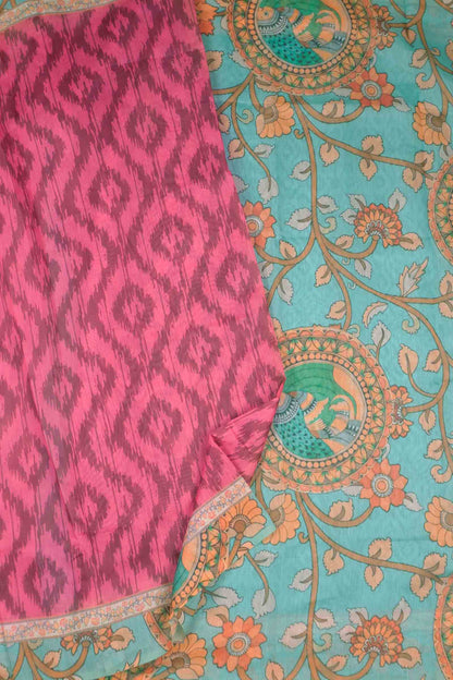 Pink Semi Chanderi Cotton Ikkat Style Print Saree