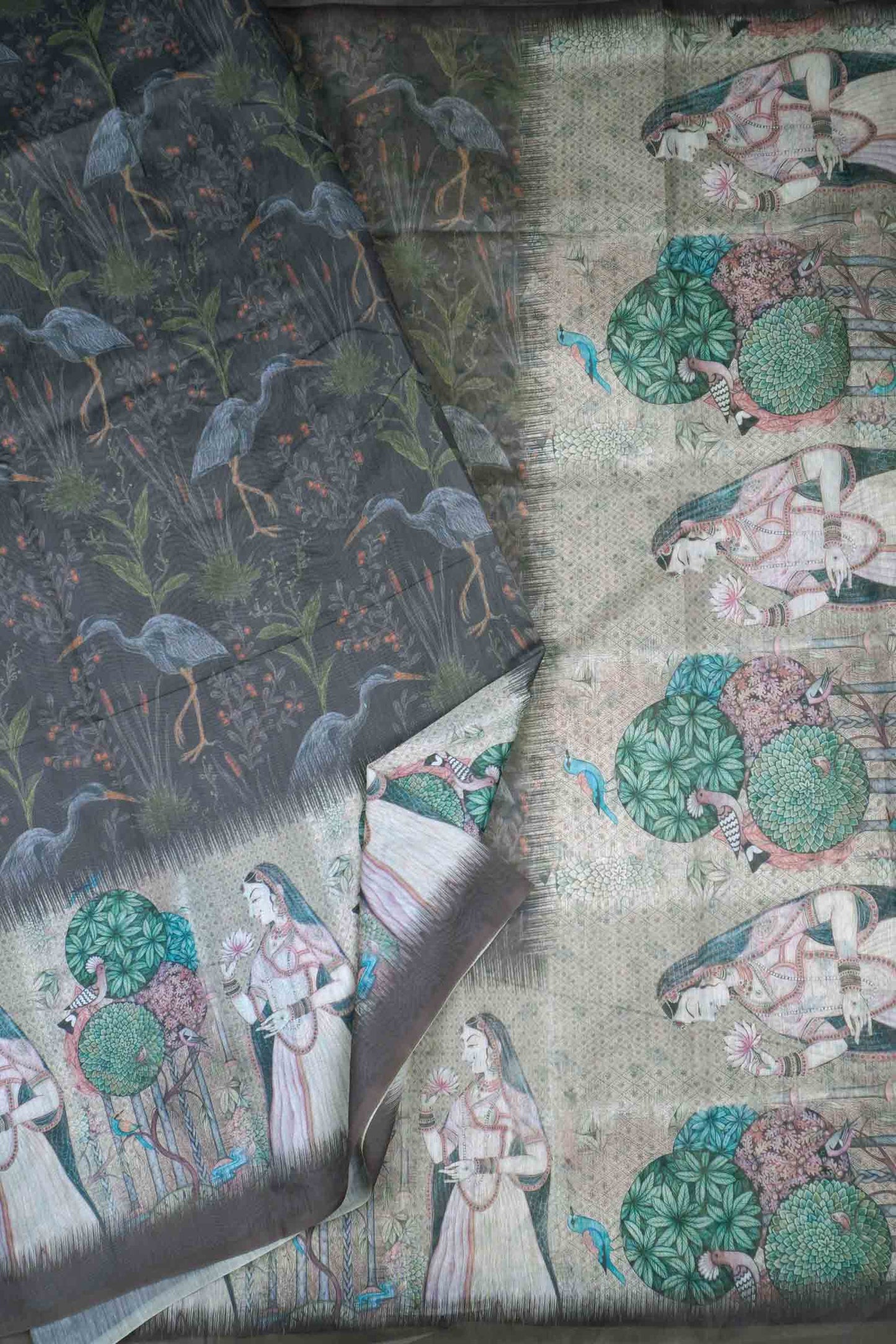 Dark Grey Green Semi Chanderi Cotton Crane Lane Saree