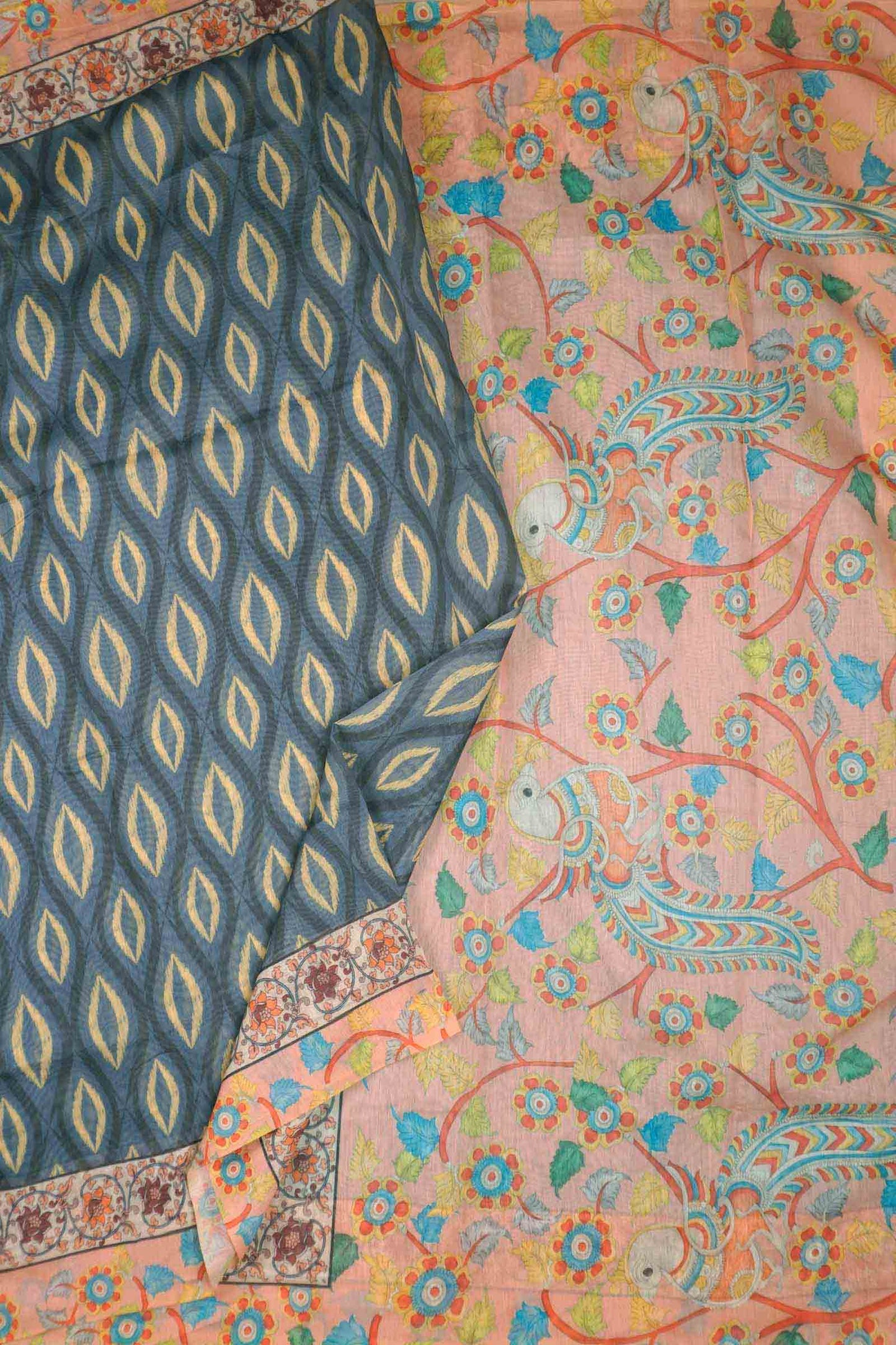 Grey  Semi Chanderi Cotton Kalamkari Style Pallu Saree