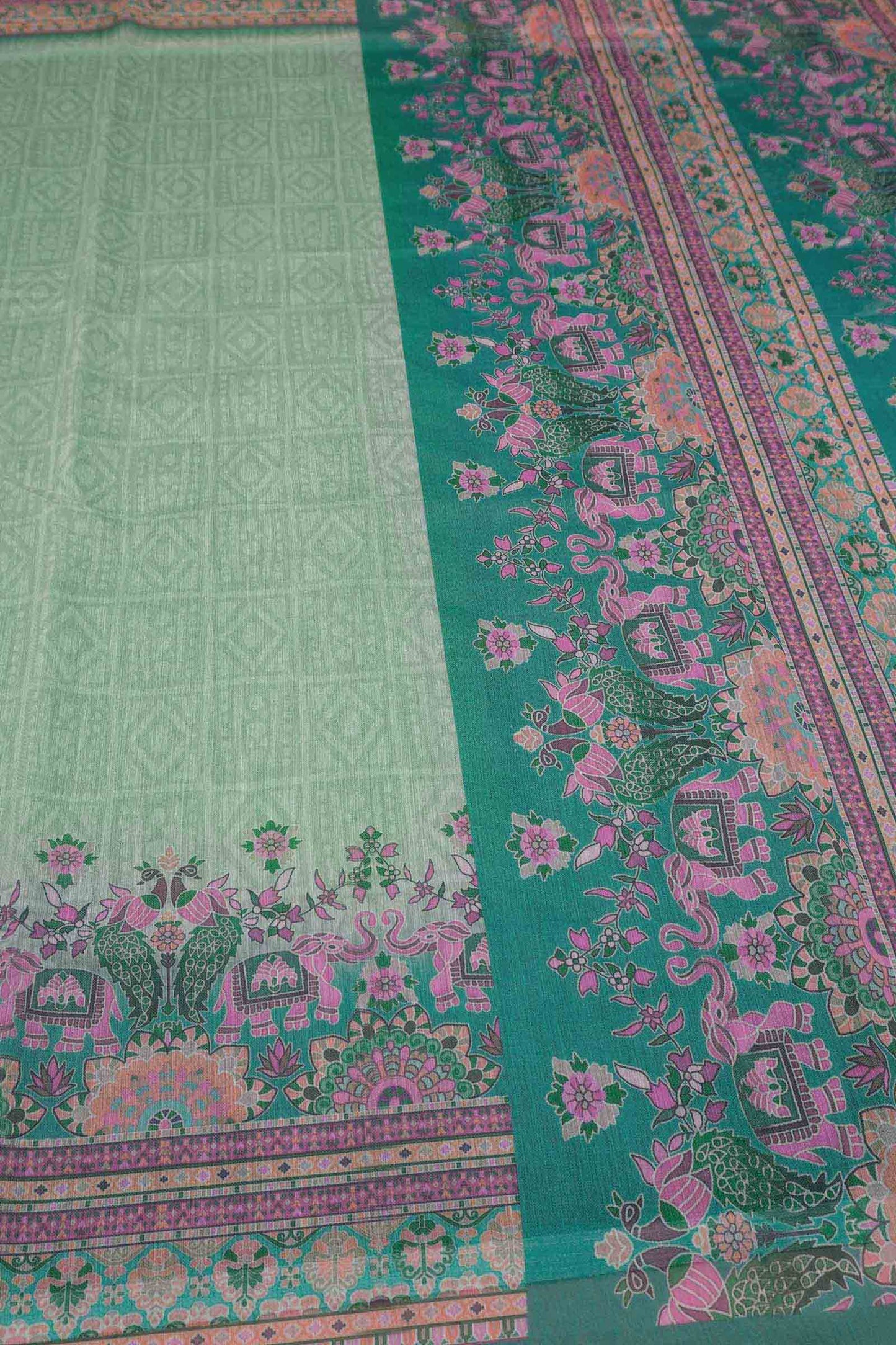 Light Green Semi Chanderi Cotton Tusker World Print Saree