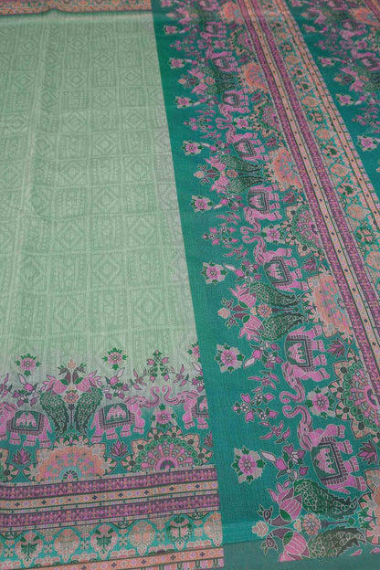 Light Green Semi Chanderi Cotton Tusker World Print Saree