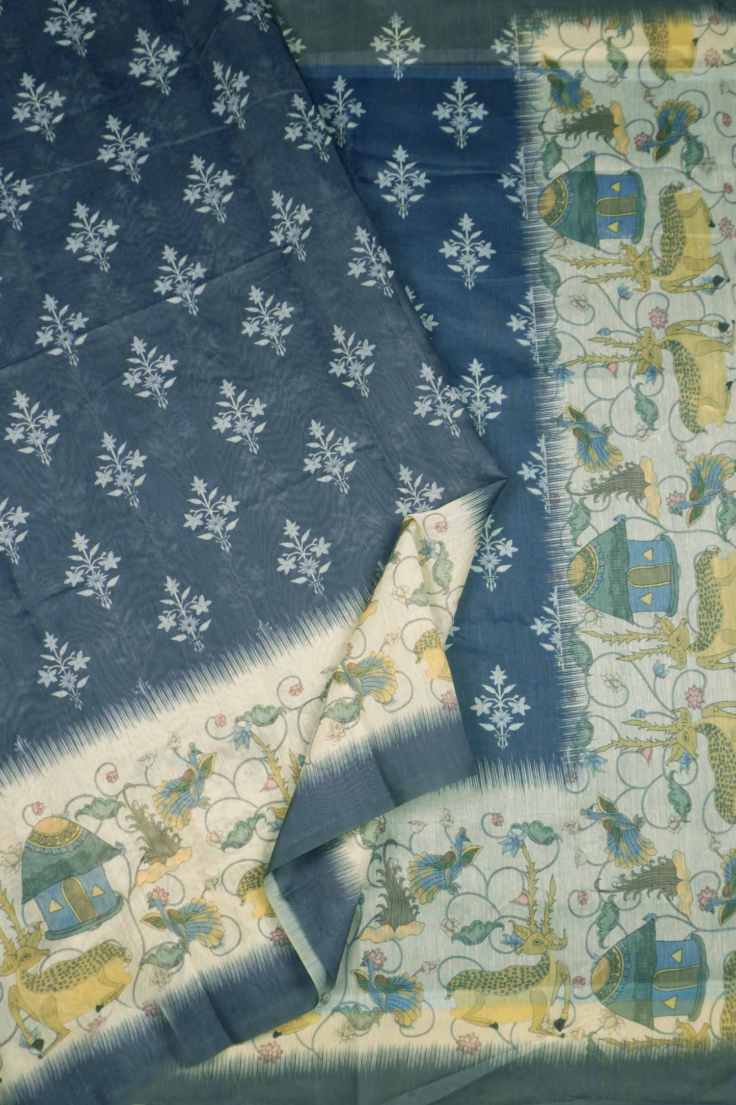 Grey Semi Chanderi Cotton Golden Deer Print Saree